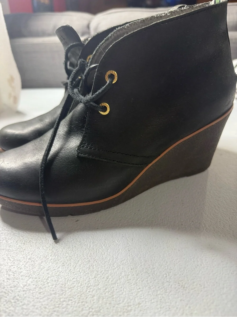 Sperry Top-Sider Black Leather Wedge Ankle Boots Lace Up Chukka Women’s Sz 9